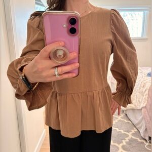 Mustard Seed tan Peplum Long-puff Sleeve Blouse